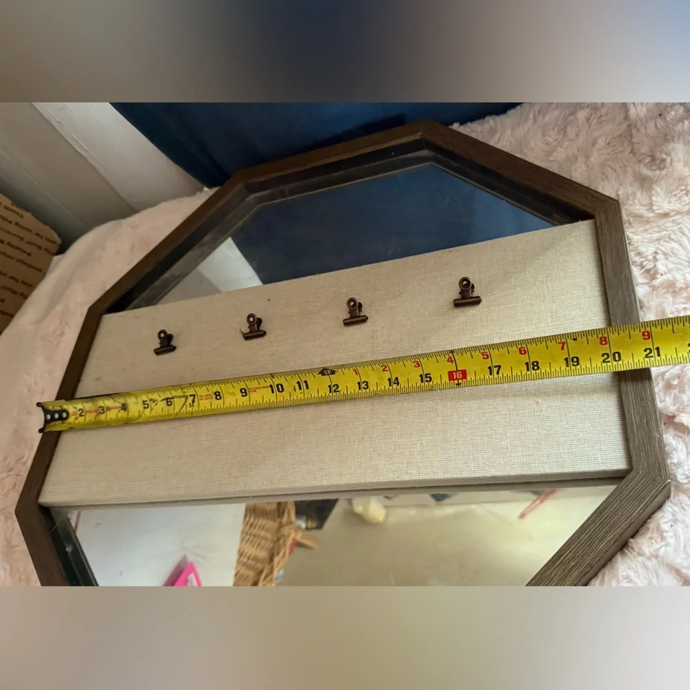 Hexagonal Wooden Mirror Frame with Hooks for Photos Decor